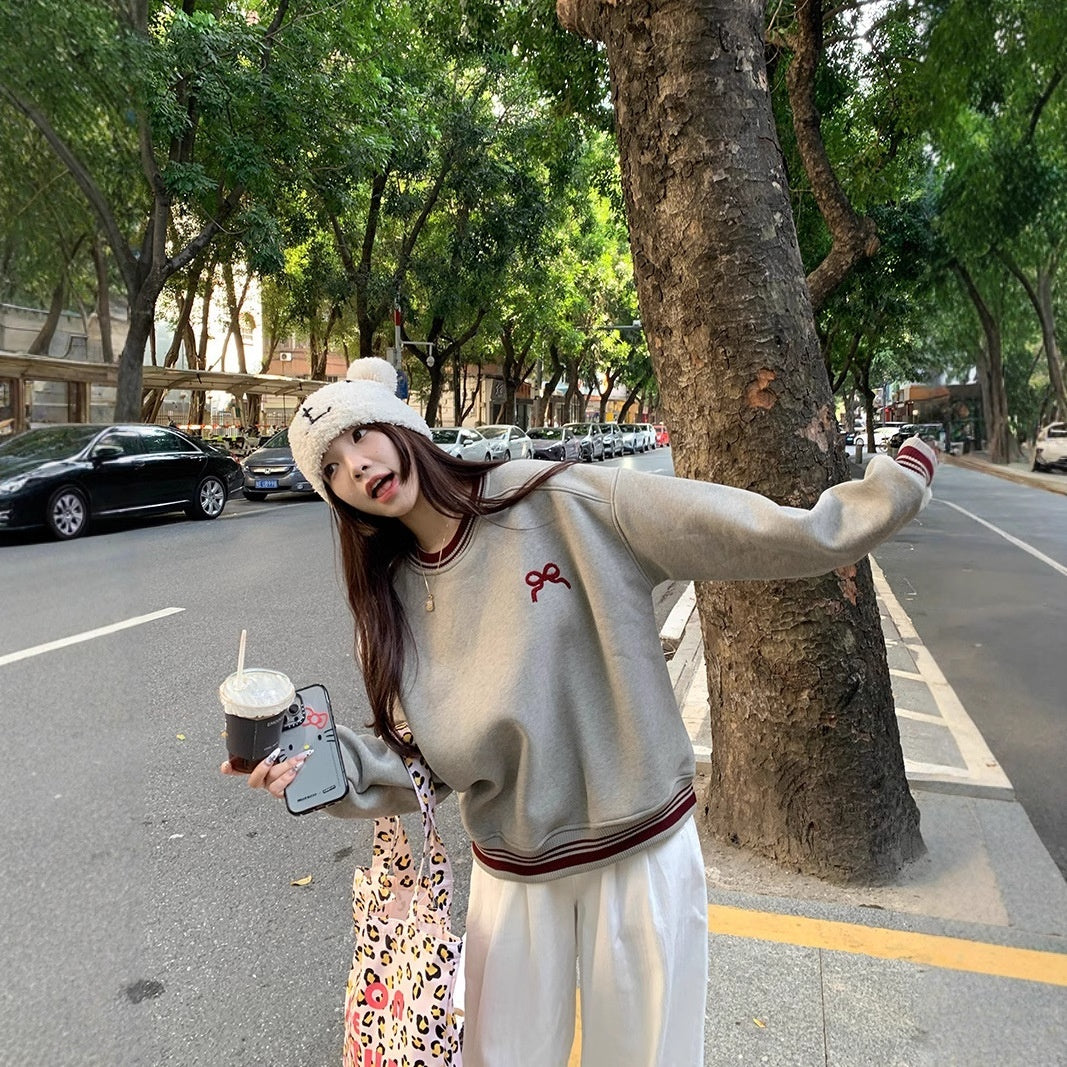 Korean Style Fleece-lined Embroidered Bow Round Neck Sweater For Women