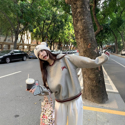 Korean Style Fleece-lined Embroidered Bow Round Neck Sweater For Women