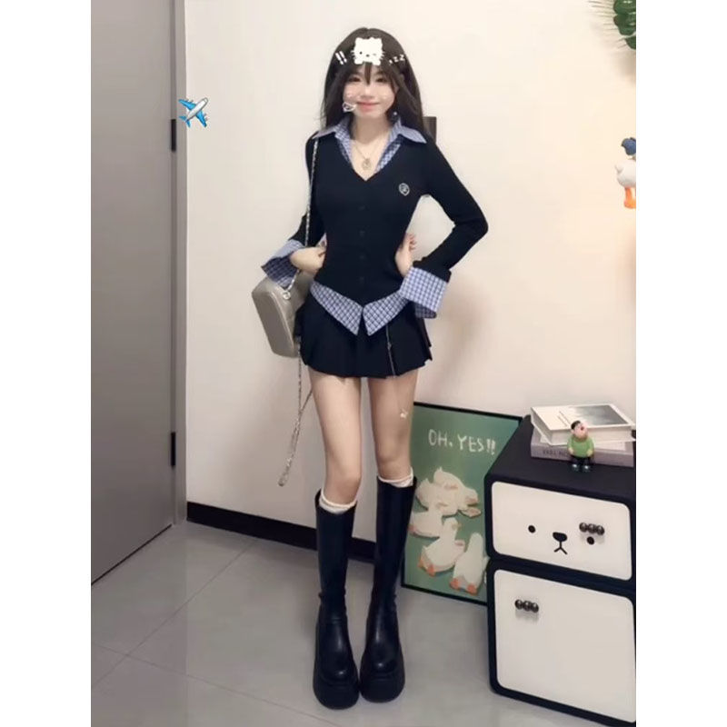 Fake Two-piece Plaid Long-sleeved T-shirt For Women Early Spring