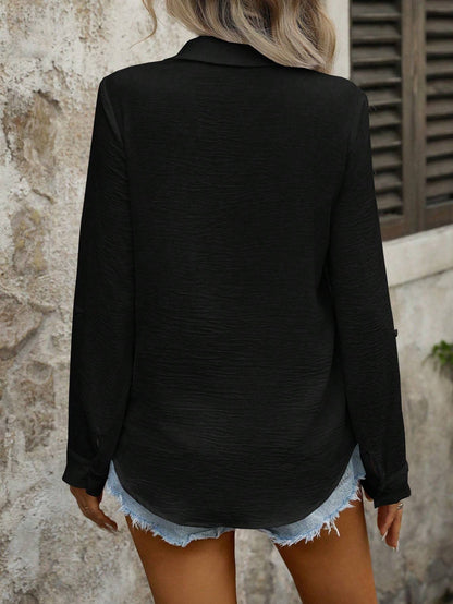 Casual Solid Color Pocket Button-Front Long Sleeve Minimalist Shirt