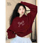 American Short Hood Wine Red Bow Sweater For Women