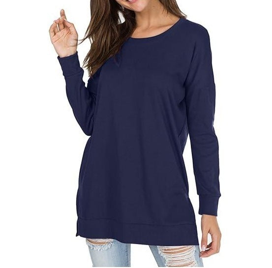 New Versatile Women's Long Sleeved T-shirt Solid Color Round Neck Casual Top