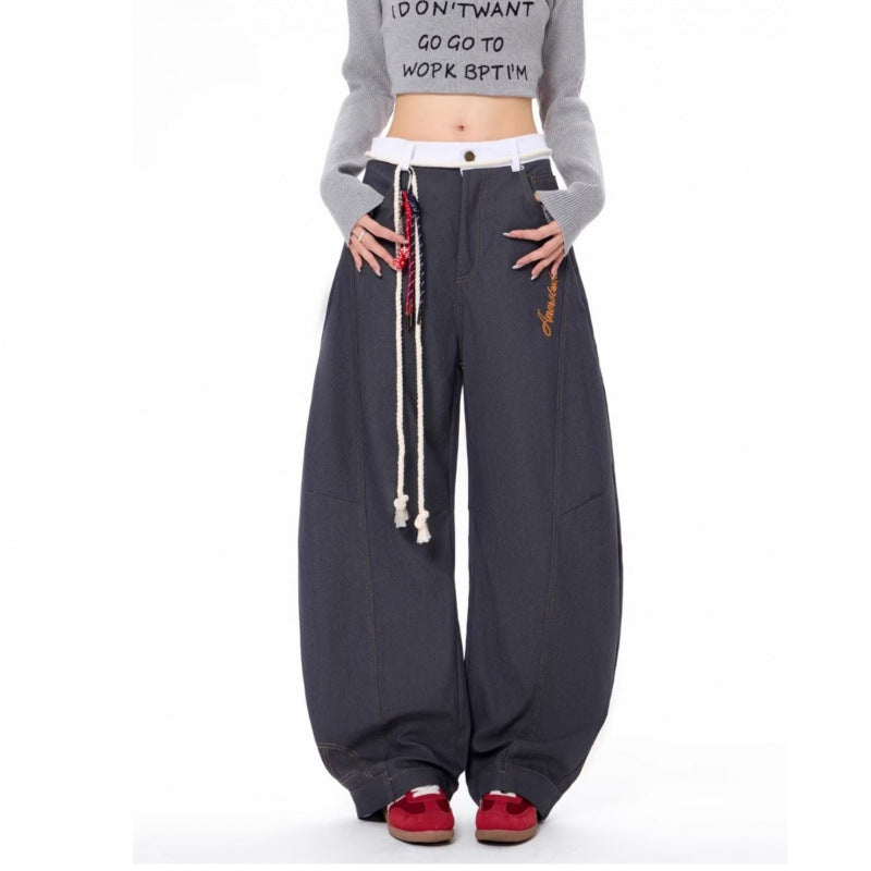 Same Retro Waist Strap Stitching Double Waist Machete Jeans