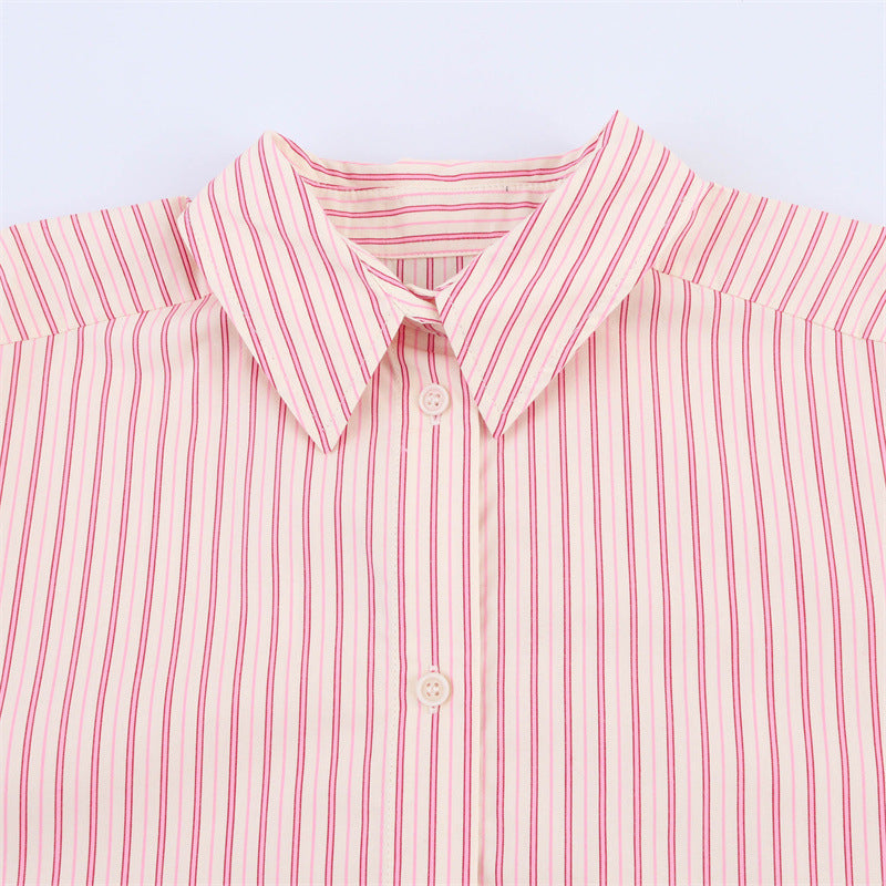 Oumeitong Diligent Style Loose All-matching Striped Lapel Long Sleeve Shirt