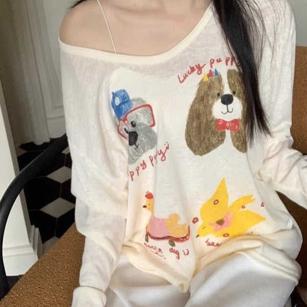 Cartoon Printed Cute Dog Long Sleeve T-shirt Loose