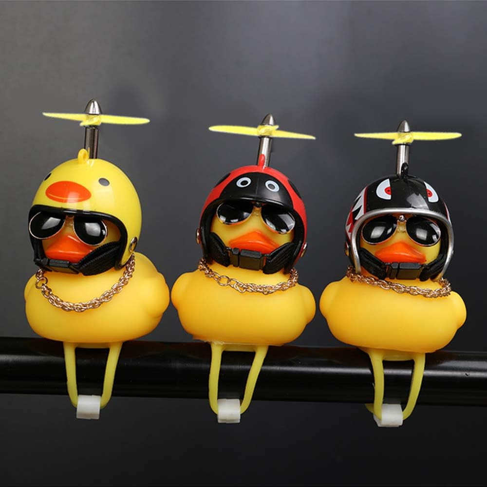 Rubber Duck Car Ornaments, 2Pcs Yellow Duck Car Dashboard Decorations Squeeze Duck Bicycle Horns with Propeller Helmet