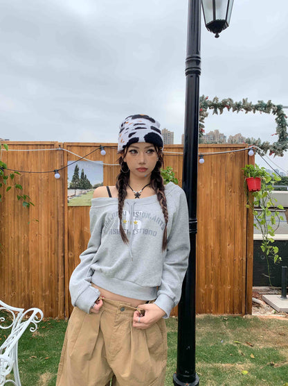 Retro Shoulder Drawstring Letter Printed Crew Neck Sweatshirt Women's Top