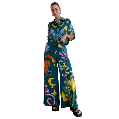 European And American Women's Clothing Southeast Asian Style Fashion Printed Casual Suit