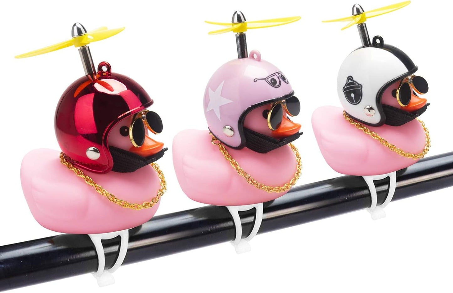 Rubber Duck Car Ornaments Pink Duck Bike Bell Cute Duck Car Dashboard Decorations Squeeze Duck Bicycle Horns with Propeller Helmet, Bandage and Gold Chain