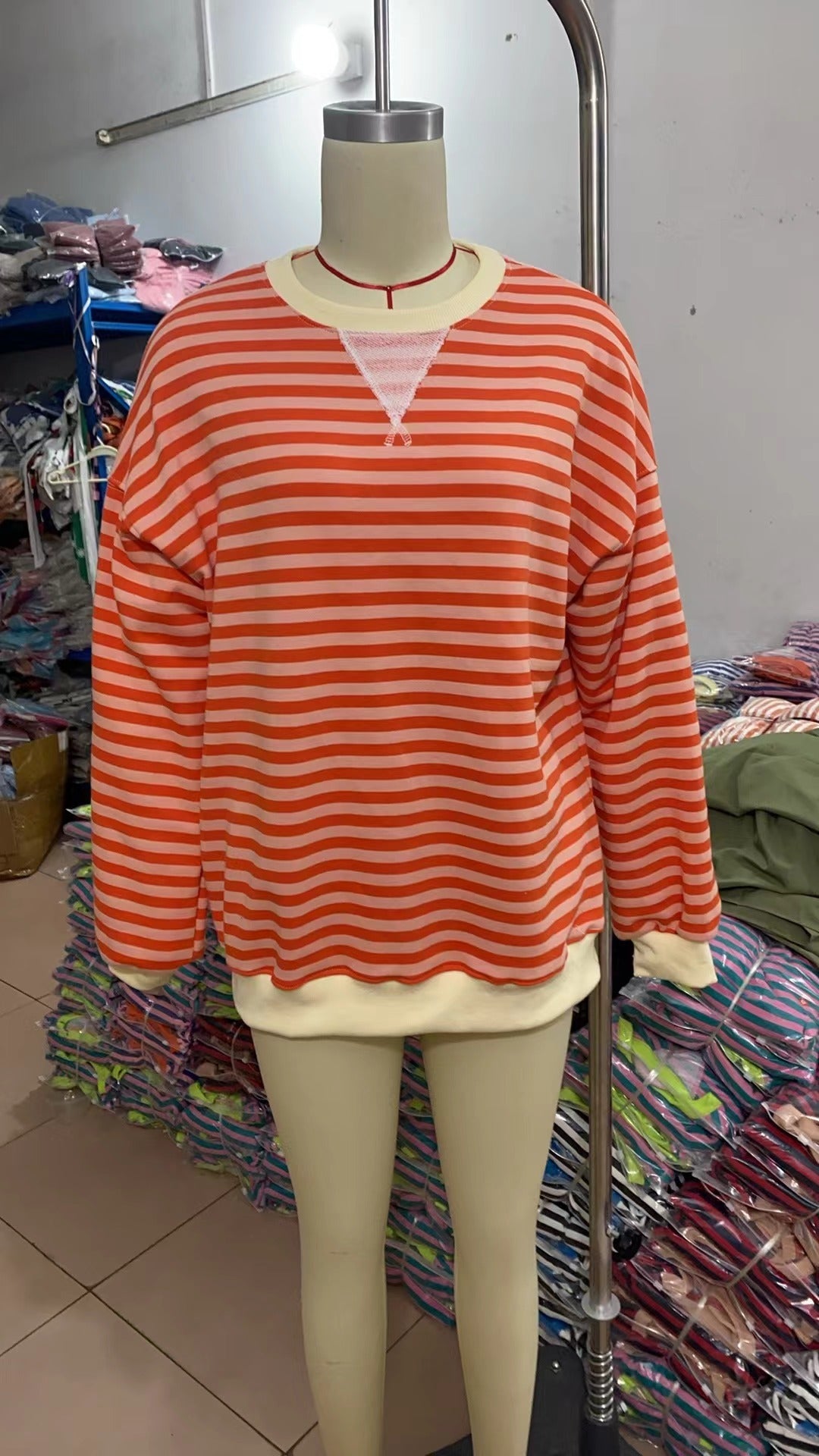 Striped Round Neck Contrast Color Loose Long Sleeve Sweatershirt