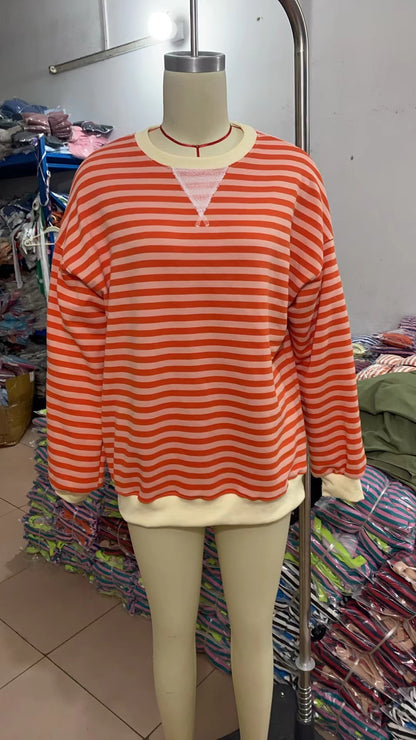 Striped Round Neck Contrast Color Loose Long Sleeve Sweatershirt