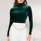 Women's Velvet Turtleneck Top Solid Color Long Sleeve Elegant Slim T-shirt