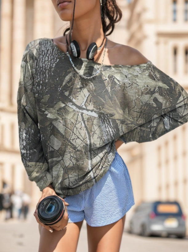 Women's Oblique Shoulder Long Sleeve Printed Casual Sweatshirt For Everyday Wear