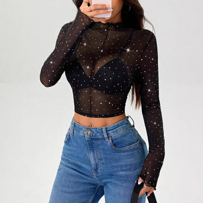 Stand-up Collar Long-sleeved Mesh Transparent Sequined Decorative T-shirt Top