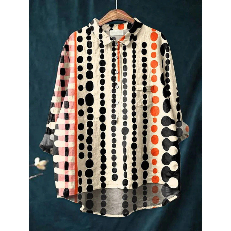 Lapel Long Sleeve Shirt Retro Line Polka Dot Top