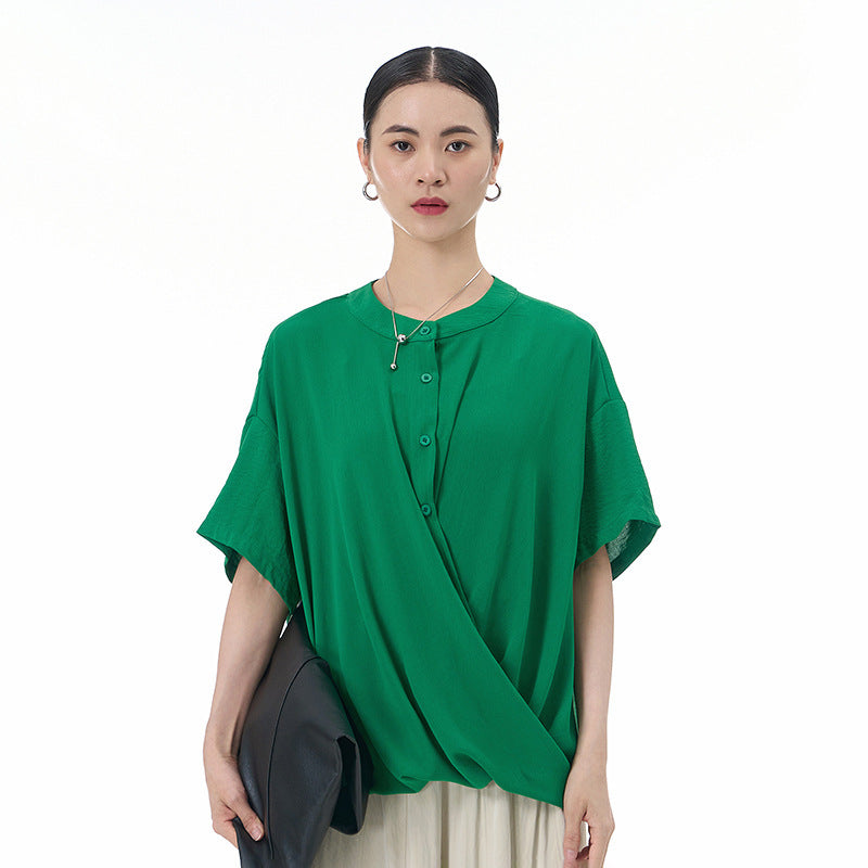 Loose Slimming Collar Decorated With Buttons Short Sleeve