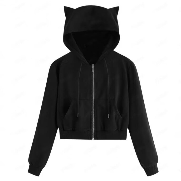 Sweater Rabbit Ears Zipper Hooded Rope