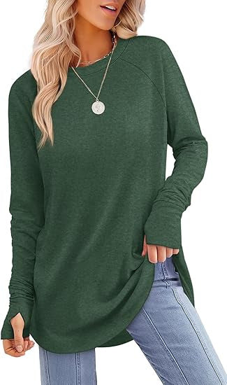 Women's Round Neck Solid Color Refers To Long Sleeved Top Loose Mid Length T-shirt