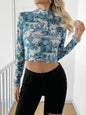 Transparent Blue Printed Long-sleeved Small Stand Collar Mesh Short T-shirt