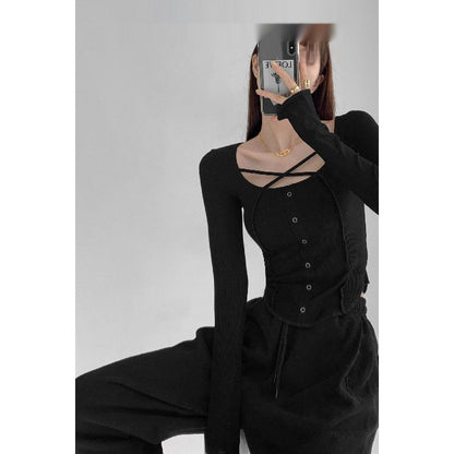 Slim Fit Slimming Sense Of Design Niche Cross Long Sleeves Round Neck Bottoming Shirt Top