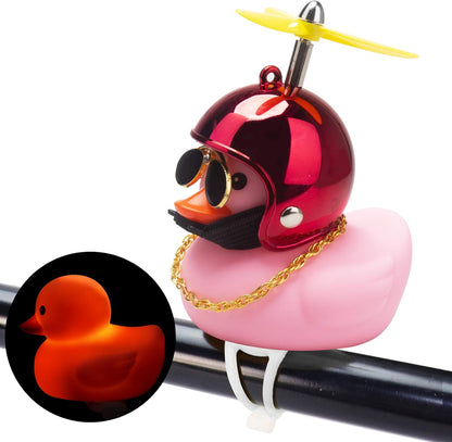 Rubber Duck Car Ornaments Pink Duck Bike Bell Cute Duck Car Dashboard Decorations Squeeze Duck Bicycle Horns with Propeller Helmet, Bandage and Gold Chain