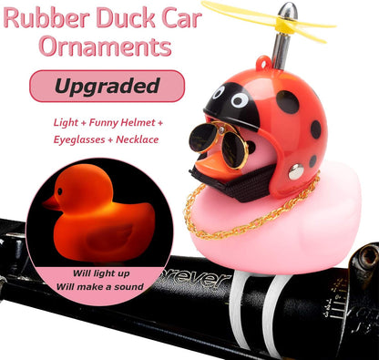 Rubber Duck Car Ornaments Pink Duck Bike Bell Cute Duck Car Dashboard Decorations Squeeze Duck Bicycle Horns with Propeller Helmet, Bandage and Gold Chain