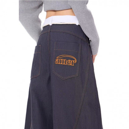 Same Retro Waist Strap Stitching Double Waist Machete Jeans