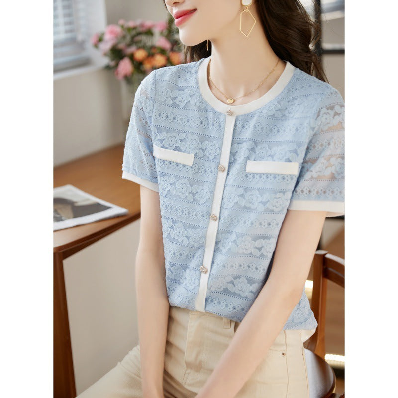 High-grade Lace Top Women's Short Sleeve Fashion Shirt