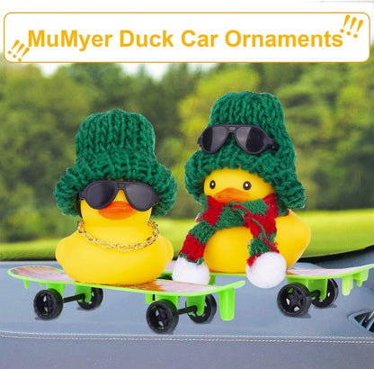 Winter Duck Car Ornament, Rubber Duck Car Decoration Accessories with Mini Hat, Sunglasses, Necklace and Skateboard