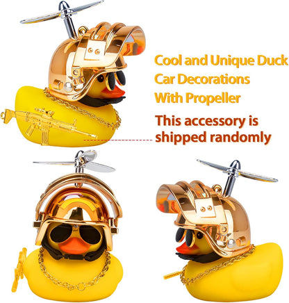 Rubber Duck Car Ornaments Cool Yellow Duck Car Dashboard Decorations Squeaky Glasses Duck with Propeller Helmet for Car Ccessories Dashboard (Y-Gold)