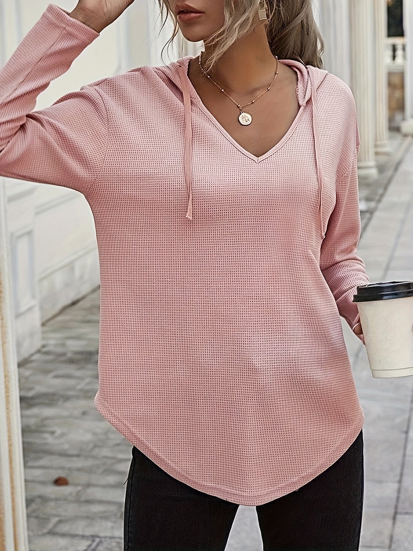 Elegant Beige Hanky Hem V-Neck Hoodie For Women