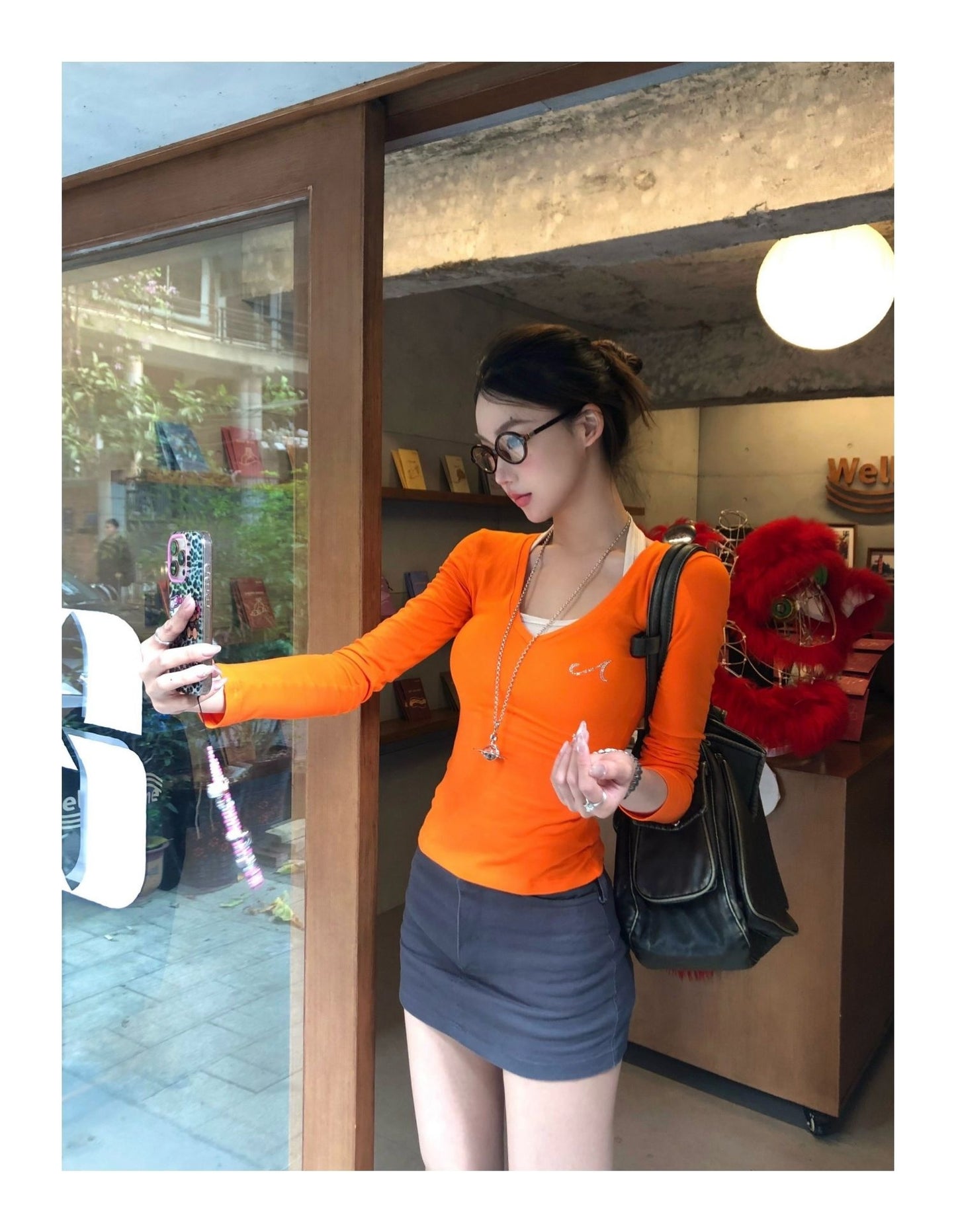 Long Sleeve Rhinestone Inner Bottoming Shirt Slim Fit Slimming Dopamine Top