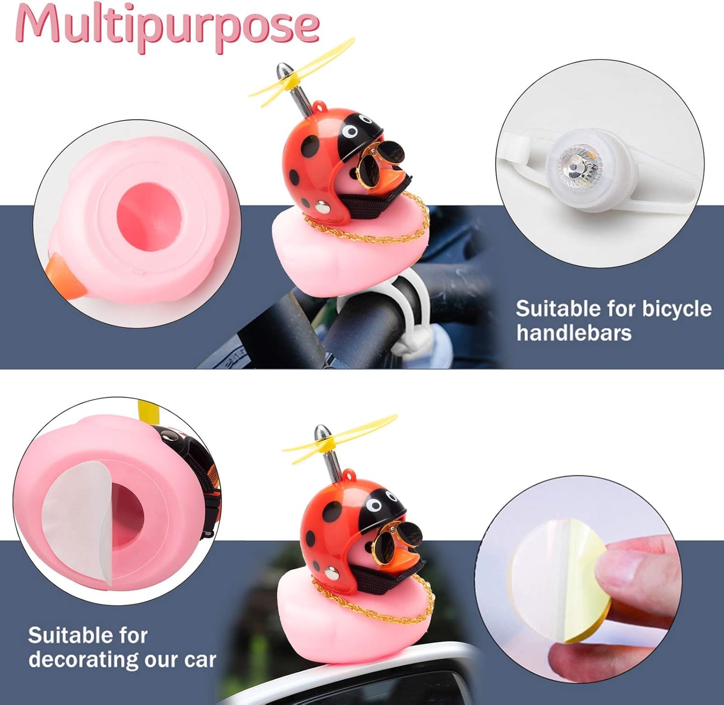 Rubber Duck Car Ornaments Pink Duck Bike Bell Cute Duck Car Dashboard Decorations Squeeze Duck Bicycle Horns with Propeller Helmet, Bandage and Gold Chain