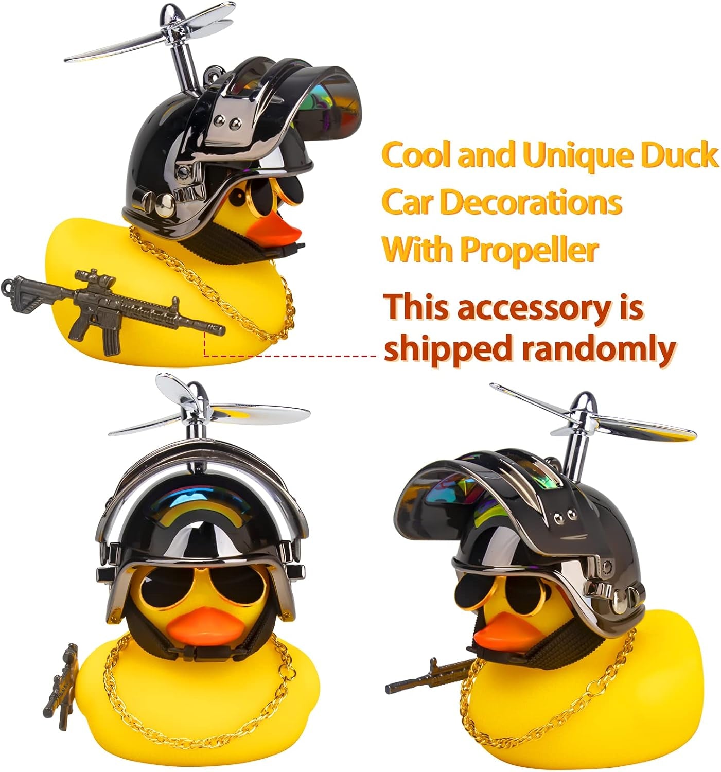 Rubber Yellow Duck Car Ornaments Cool Duck Car Dashboard Decorations with Propeller Helmet Sunglasses (Brilliant Black-Yellow G)