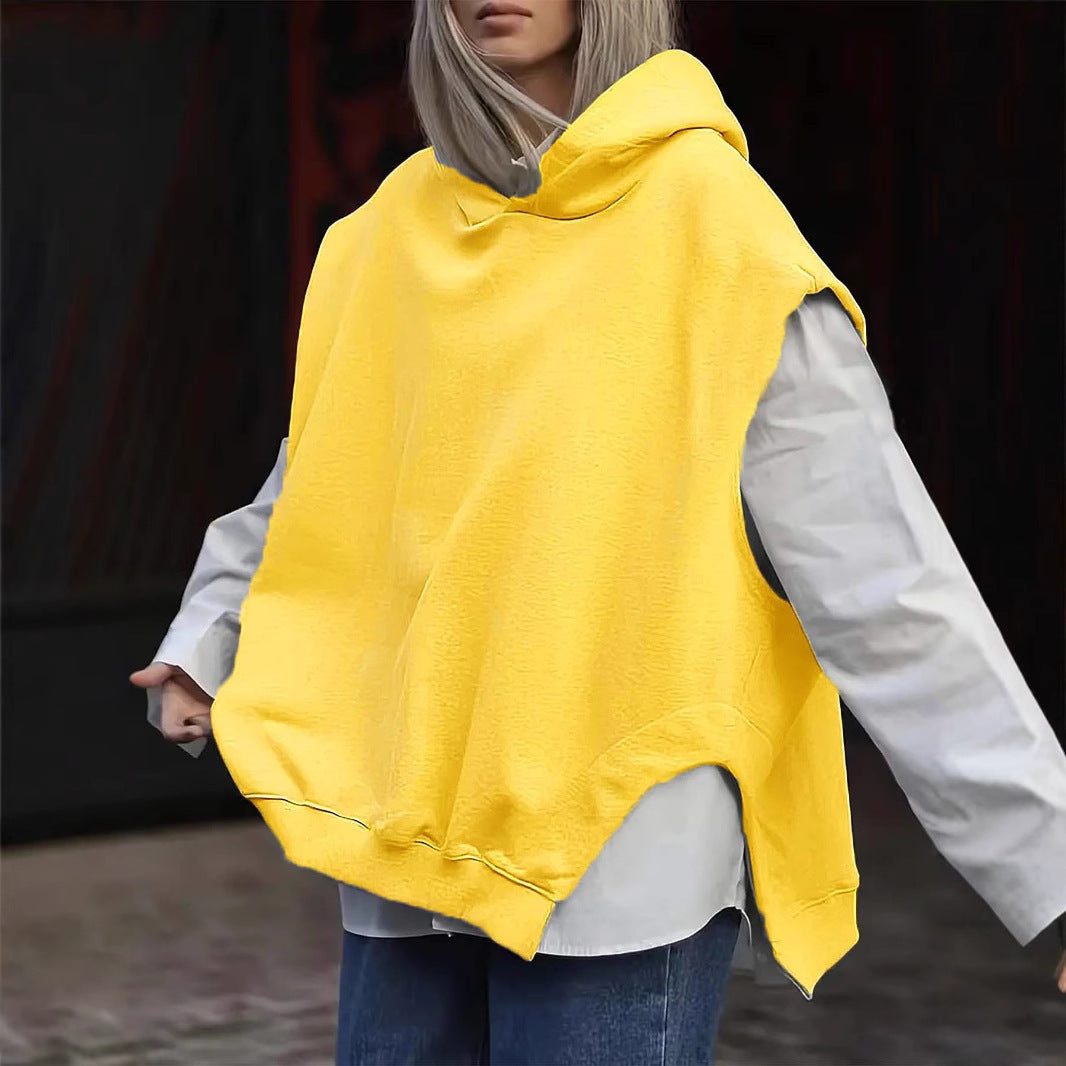 Women's Solid Color Style Loose Sleeveless Hooded Jacket Sweater