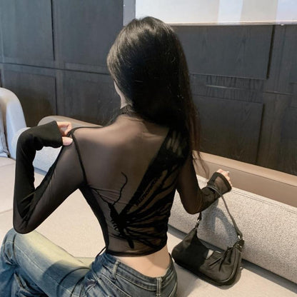 Spring And Autumn American Hot Girl Chic Mesh Short Stitching Long Sleeve