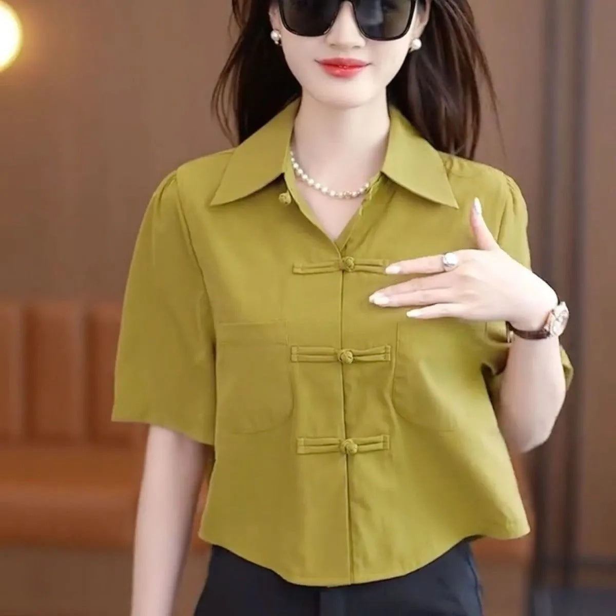 Chinese Style Summer Loose Solid Color Shirt