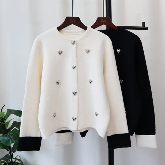 Love Contrast Color Design Knitted Double-faced Woolen Goods Cardigan