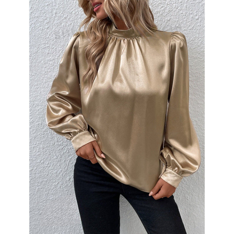 Stand-up Collar Puff Sleeve T-shirt Female Satin