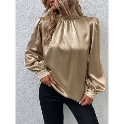 Stand-up Collar Puff Sleeve T-shirt Female Satin