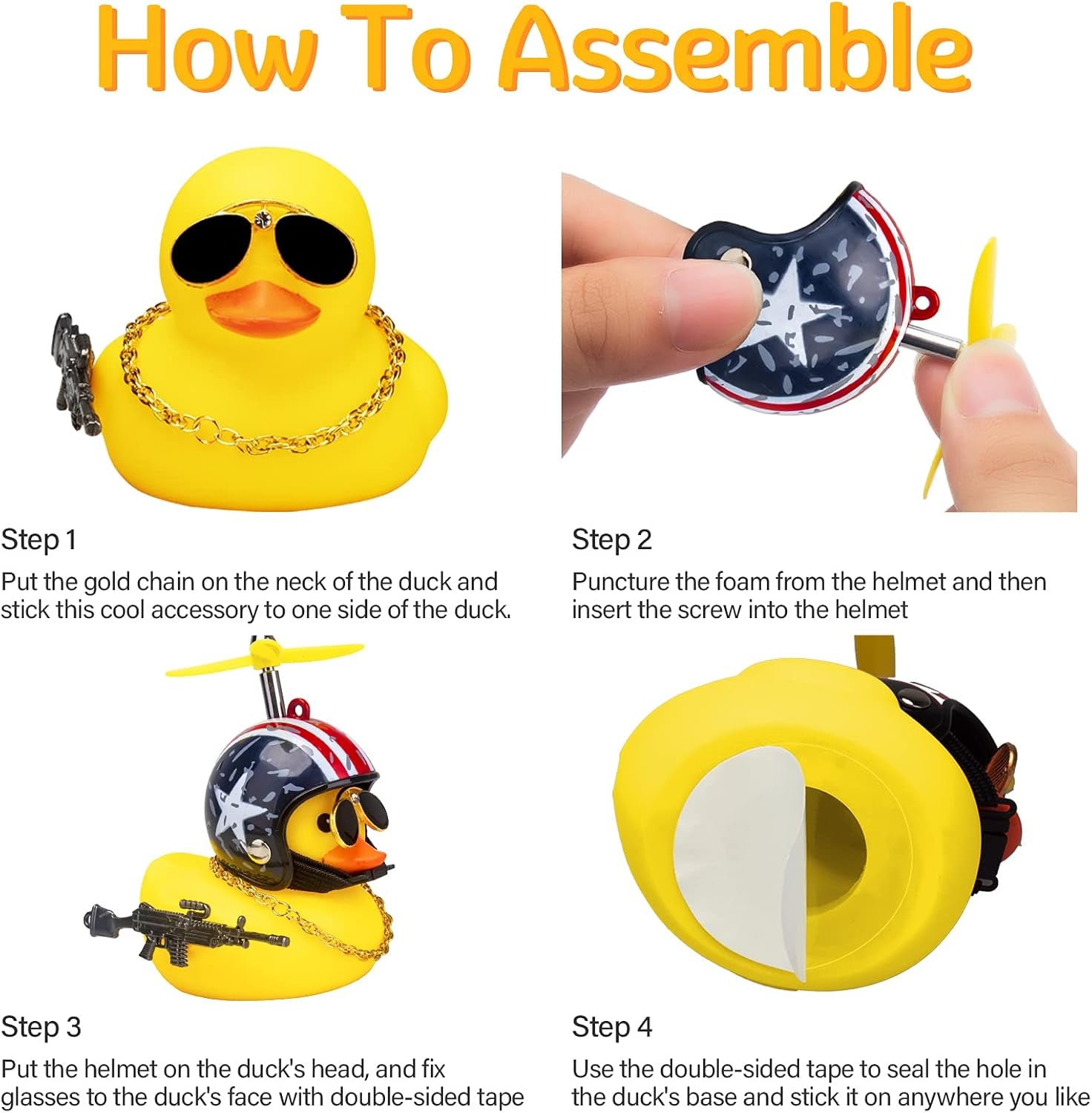 3 Pack Car Rubber Duck Cute Yellow Wind-Breaking Ducks Dashboard Decorations Small Ornaments with Propellers Glasses Gold Chain (Yellow-Stars and Stripes&Flag&Shark)