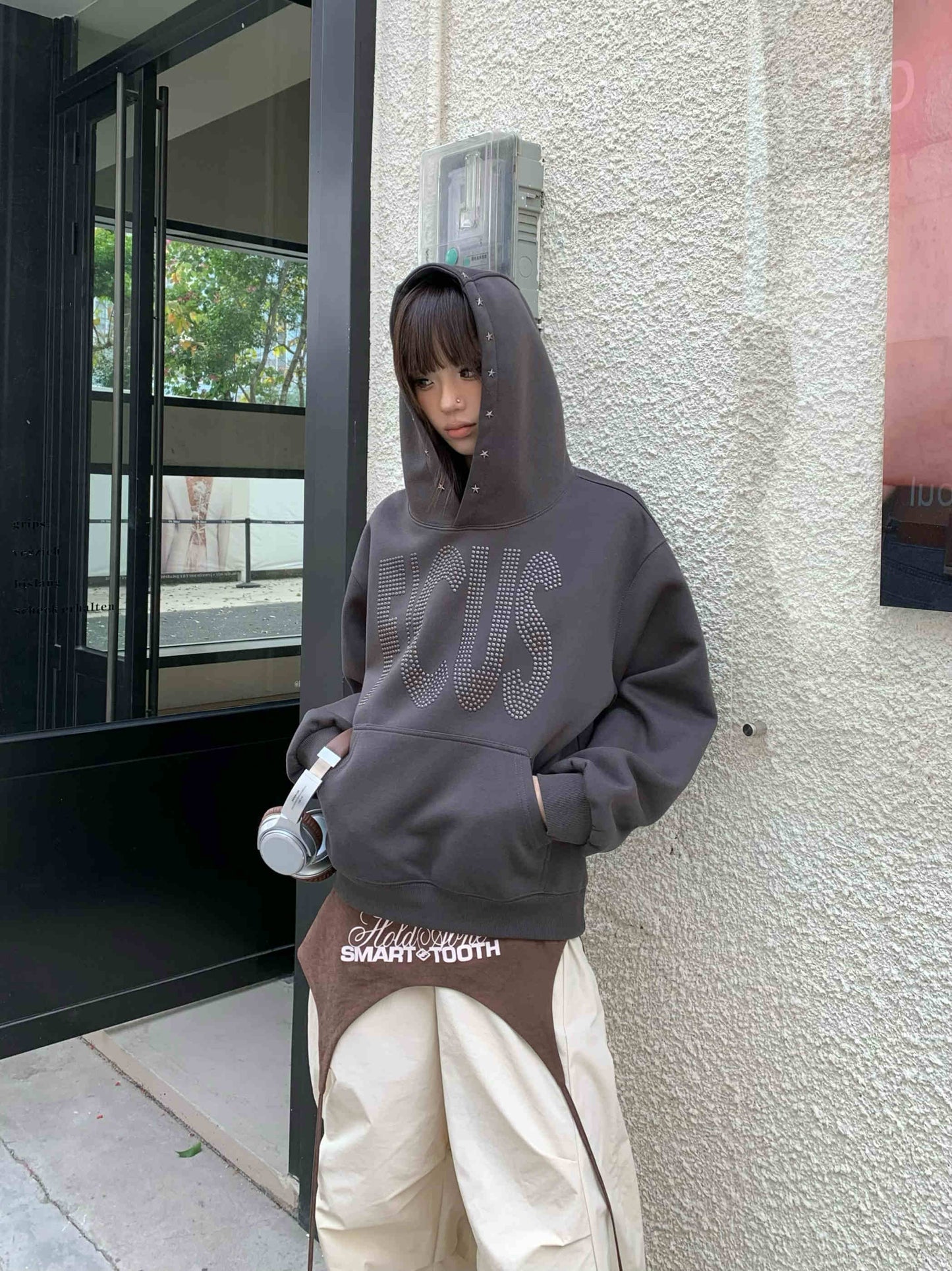 Couple Rhinestone Letter Hooded Short Sweater