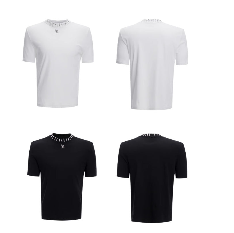 Modal Rhinestone Pearl Collar Stitching Design Short Sleeve