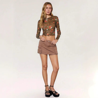 Leopard Print Flower Printed Mesh Round Neck Short Long-sleeved