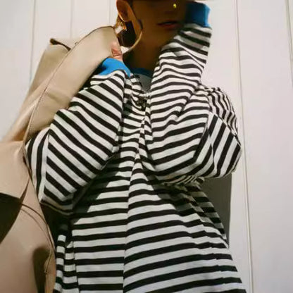 Striped Round Neck Contrast Color Loose Long Sleeve Sweatershirt