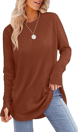 Women's Round Neck Solid Color Refers To Long Sleeved Top Loose Mid Length T-shirt