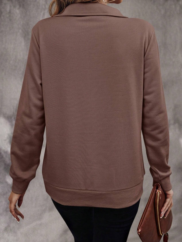 Women's Solid Color Zipper Half Placket Long Sleeve Casual Sweatshirt