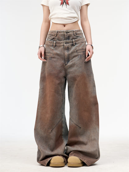 Women's American Retro Washed Double Waisted Jeans