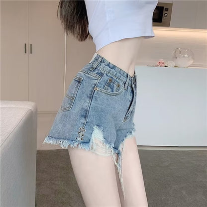 Micro Elastic High Waist Slimming Holes Frayed Vintage Denim Shorts