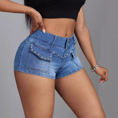 Mid-low Waist Beaded Mid-elastic Denim Shorts